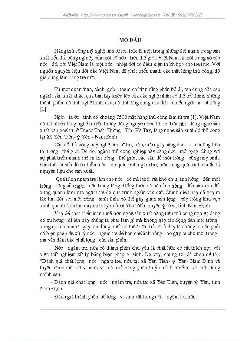 Đánh giá chất lượng nước ngâm tre nứa tại xã Yên Tiến Ý Yên Nam Định và tuyển chọn một số vi sinh vật có khả năng phân huỷ chất ô nhiễm