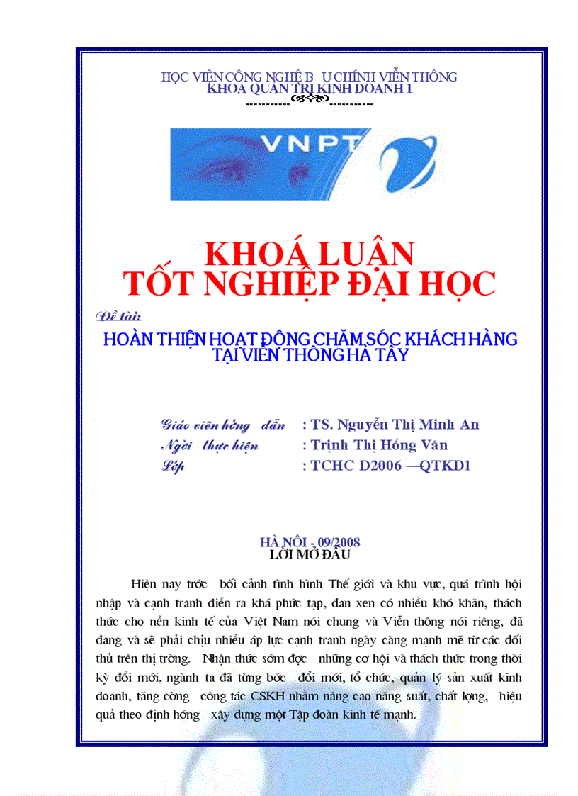 Hoàn thiện hoạt động chăm sóc khách hàng tại viễn thông Hà Tây