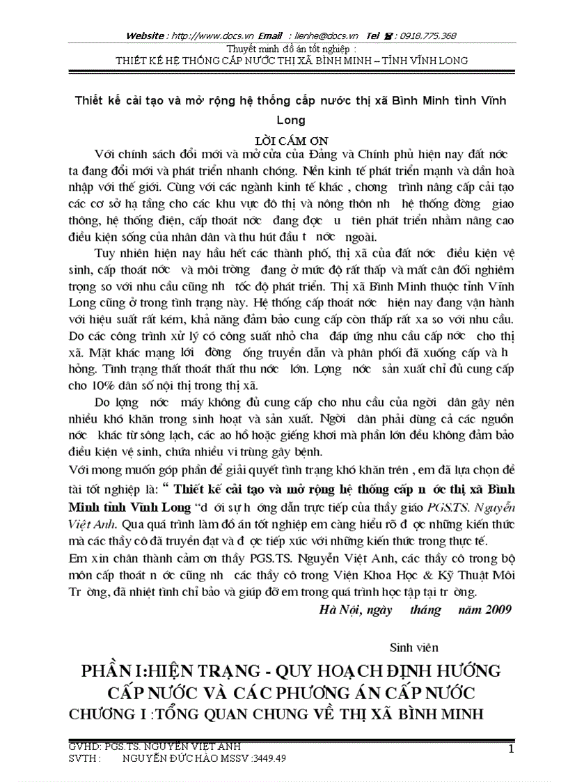 Thiết kế cải tạo và mở rộng hệ thống cấp nước thị xã Bình Minh tỉnh Vĩnh Long