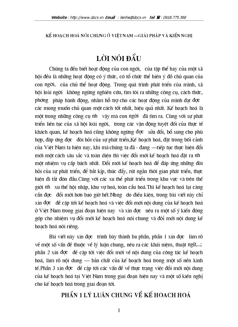 Kế hoạch hoá nói chung ở VN Thực trạng kiến nghị