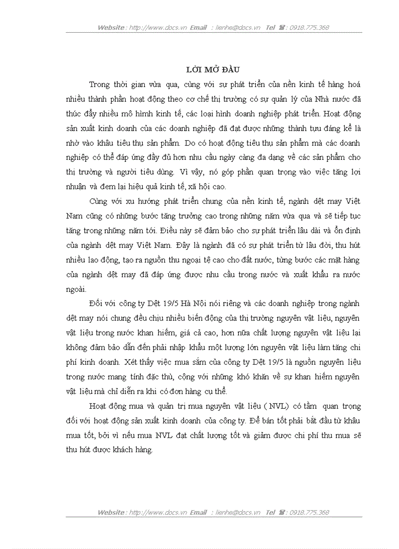 Hoạt động mua nguyên vật liệu ở công ty TNHH Nhà nước một thành viên Dệt 19 5 Hà Nội