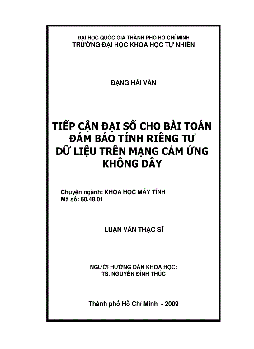 Tiếp cận đại số cho bài toán đảm bảo tính riêng tư dữ liệu trên mạng cảm ứng không dây