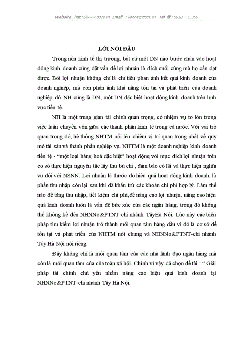 Giải pháp tài chính chủ yếu nhằm nâng cao hiệu quả kinh doanh tại NHNNo PTNT chi nhánh Tây Hà Nội
