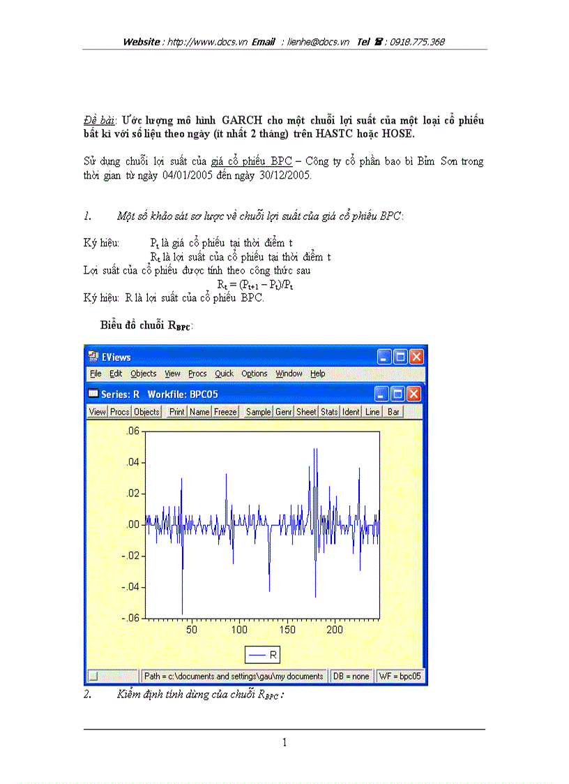 Sử dụng chuỗi lợi suất của giá cổ phiếu BPC Công ty cổ phần bao bì Bỉm Sơn trong thời gian từ ngày 04 01 2005 đến ngày 30 12 2005
