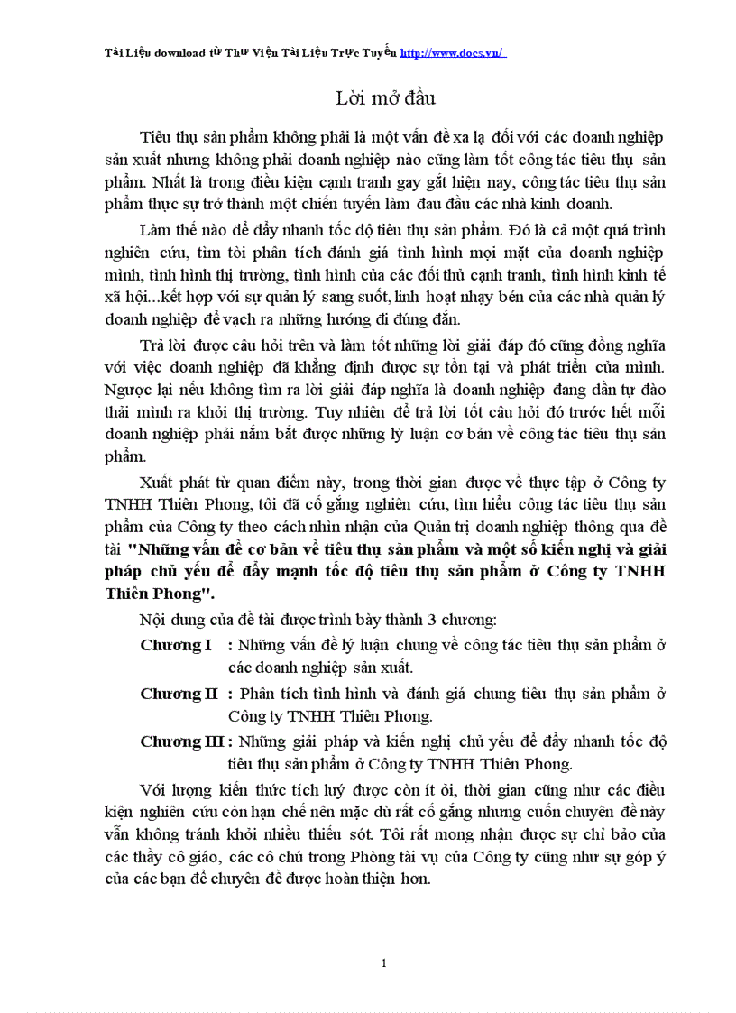 Những vấn đề cơ bản về tiêu thụ sản phẩm và một số kiến nghị và giải pháp chủ yếu để đẩy mạnh tốc độ tiêu thụ sản phẩm ở Công ty TNHH Thiên Phong