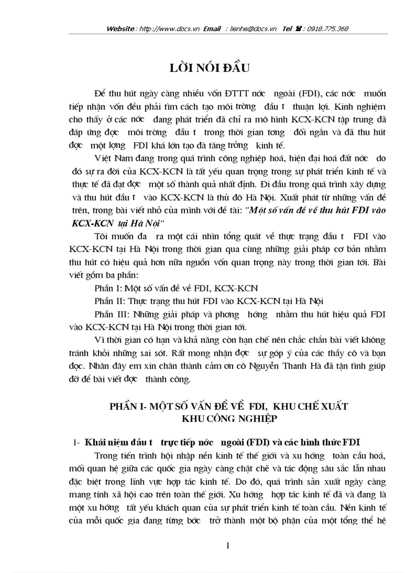 Một số vấn đề về thu hút FDI vào KCX KCN tại Hà Nội