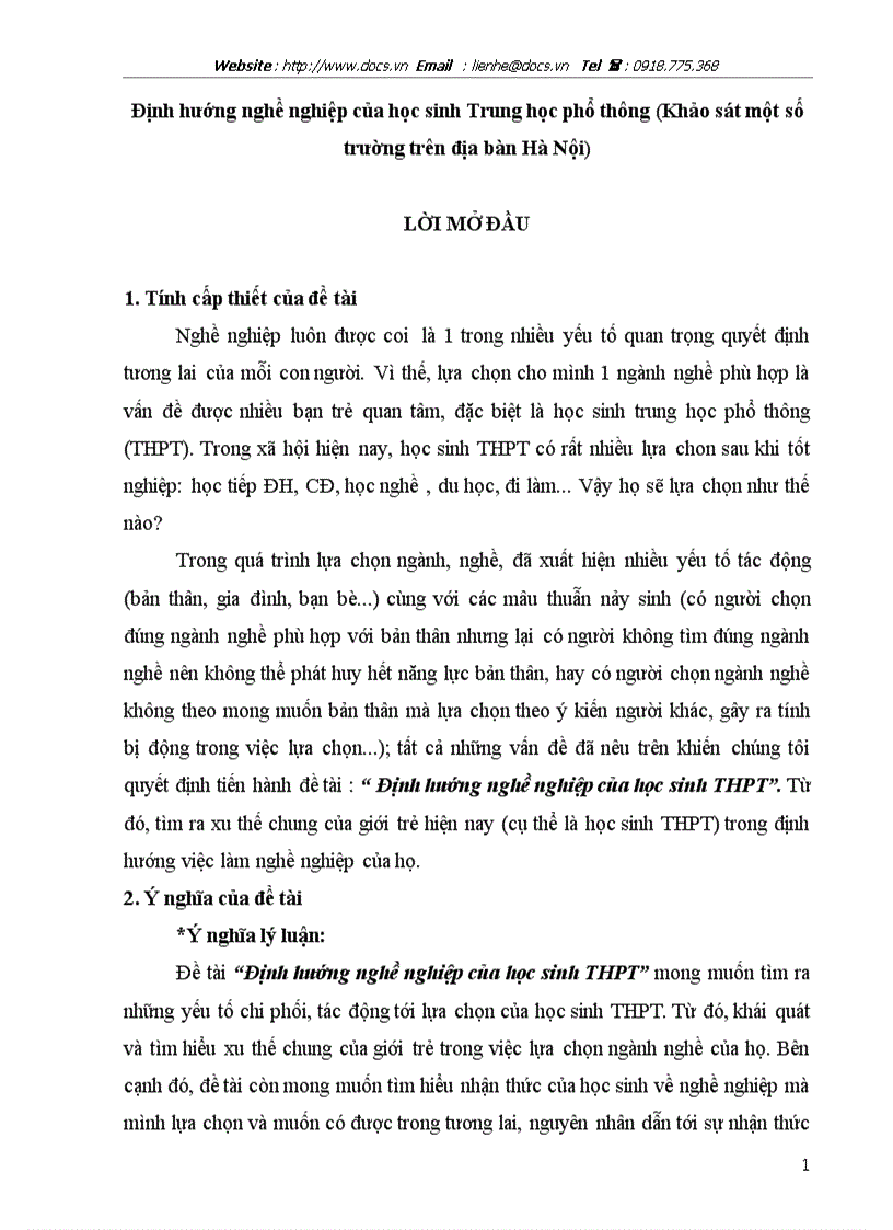 Định hướng nghề nghiệp của học sinh Trung học phổ thông Khảo sát một số trường trên địa bàn Hà Nội
