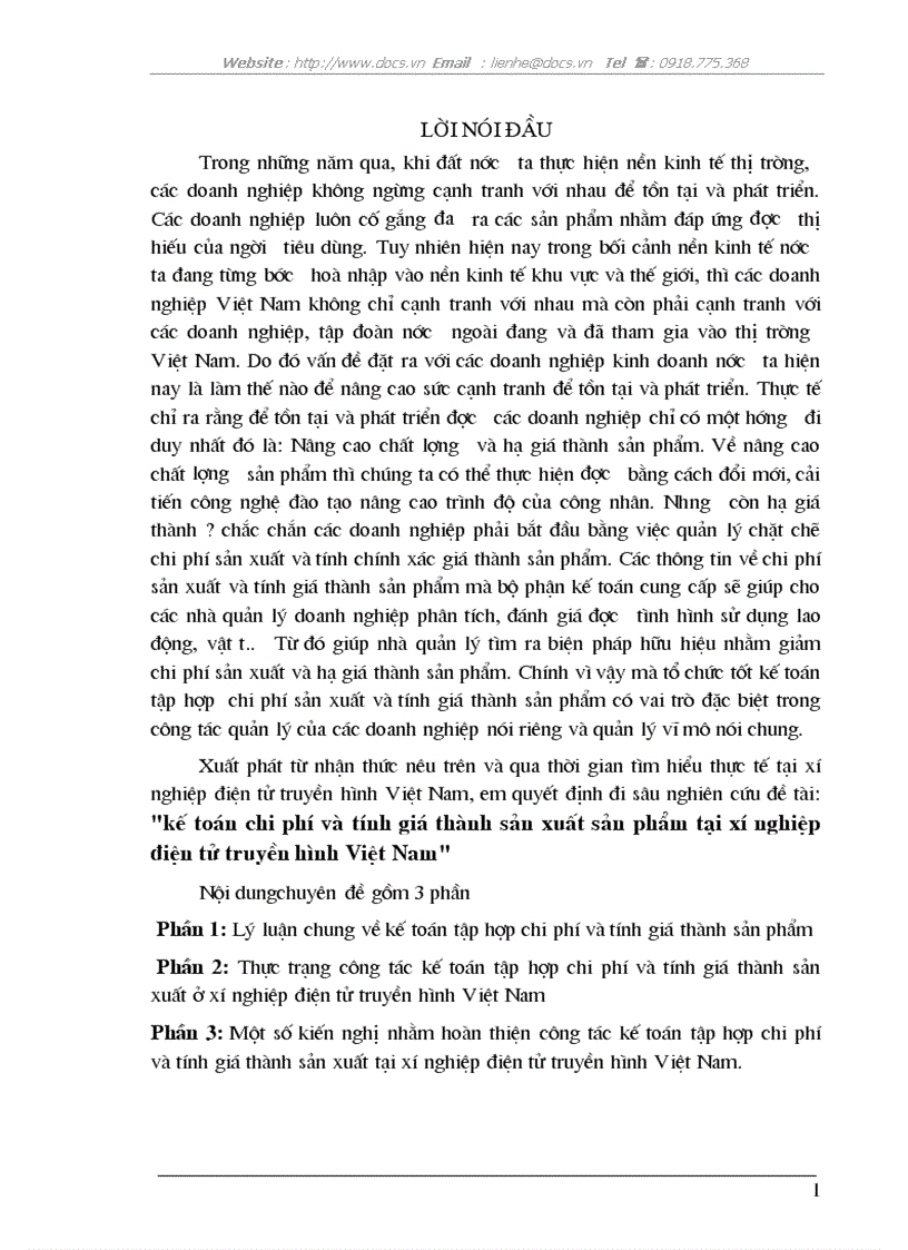 Kế toán chi phí và tính giá thành sản xuất sản phẩm tại xí nghiệp điện tử truyền hình Việt Nam