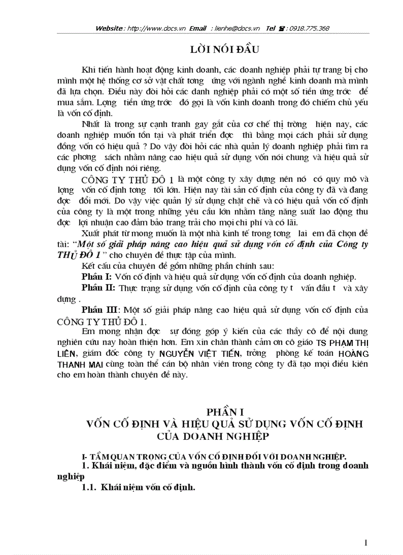 1số giải pháp nâng cao hiệu quả sử dụng vốn cố định của Công ty Thủ Đô
