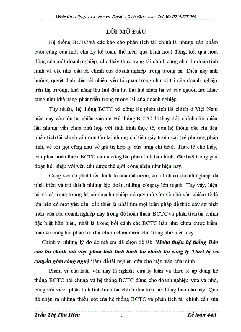 Hoàn thiện hệ thống Báo cáo tài chính với việc phân tích tình hình tài chính tại công ty Thiết bị và chuyển giao công nghệ
