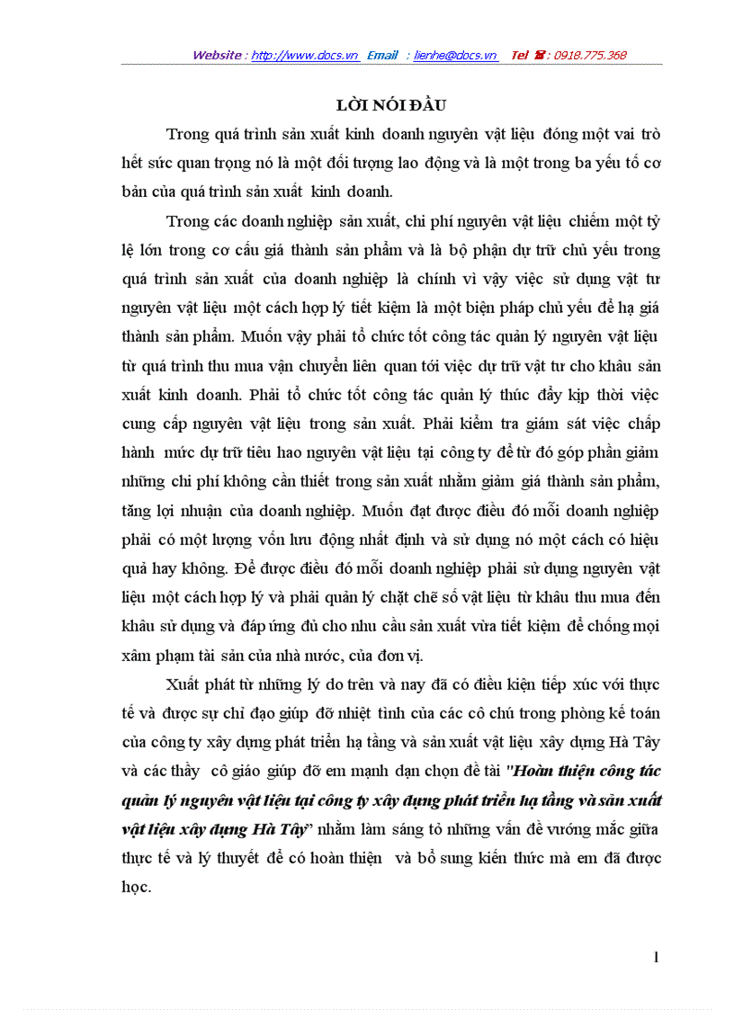 Hoàn thiện công tác quản lý nguyên vật liệu tại công ty xây dựng phát triển hạ tầng và sản xuất vật liệu xây dựng Hà Tây