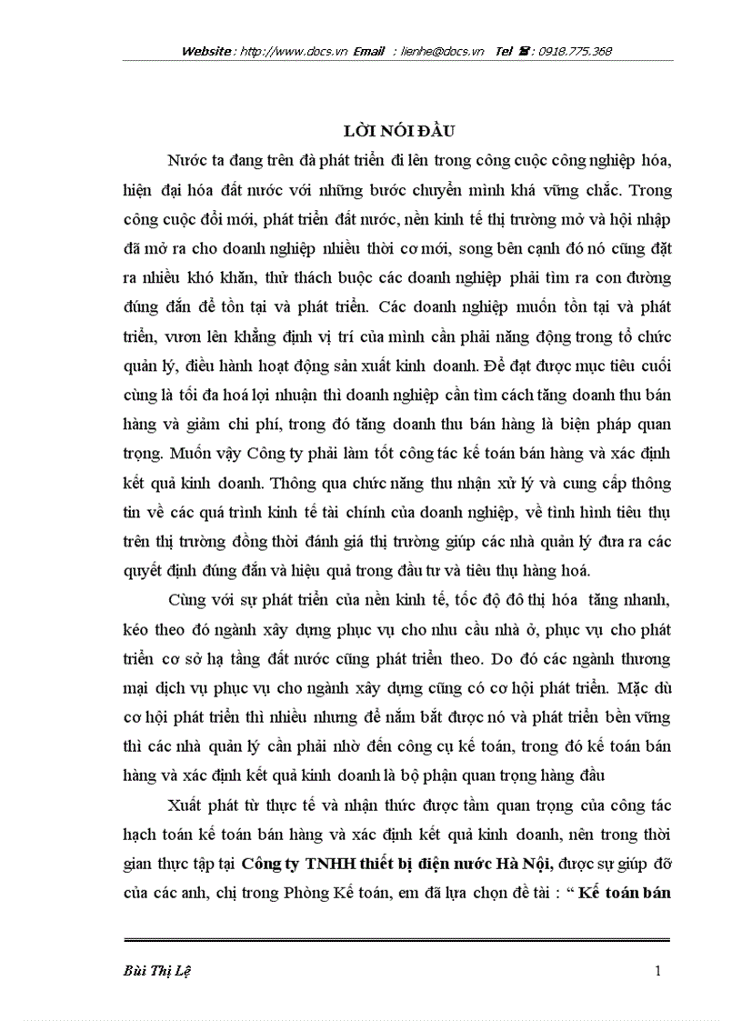 Kế toán bán hàng và xác định kết quả kinh doanh tại Công ty TNHH thiết bị điện nước Hà Nội