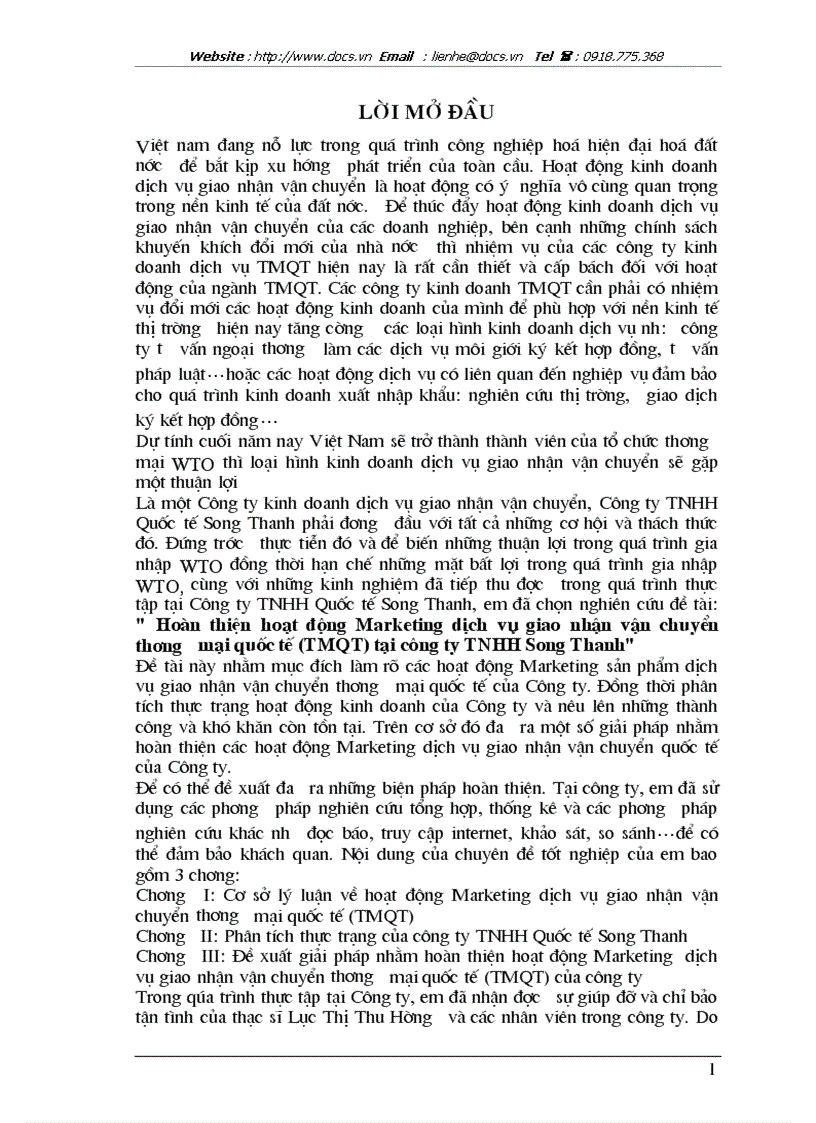 Hoàn thiện hoạt động Marketing dịch vụ giao nhận vận chuyển thương mại quốc tế TMQT tại công ty TNHH Song Thanh