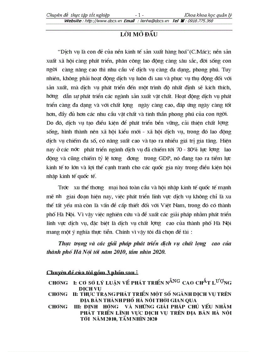 Thực trạng và các giải pháp phát triển dịch vụ chất lượng cao của thành phố Hà Nội tới năm 2010 tầm nhìn 2020