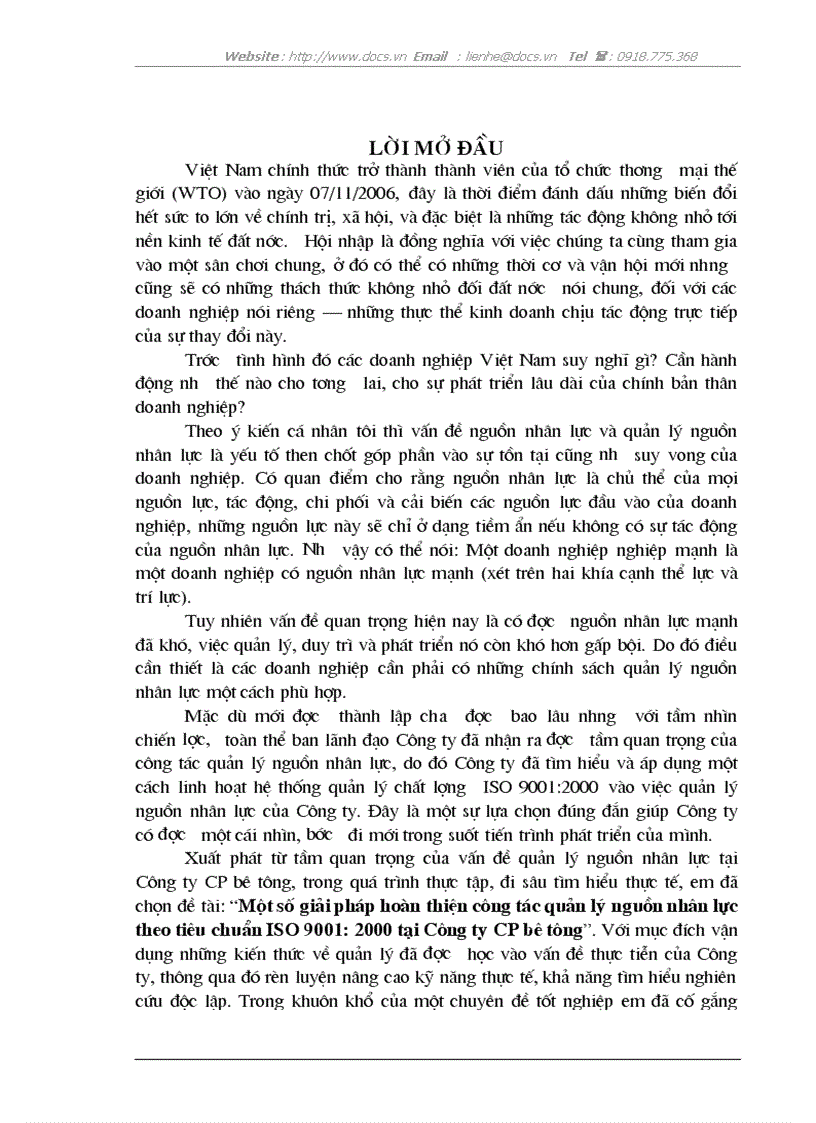 Một số giải pháp hoàn thiện công tác quản lý nguồn nhân lực theo tiêu chuẩn ISO 9001 2000 tại Công ty CP bê tông