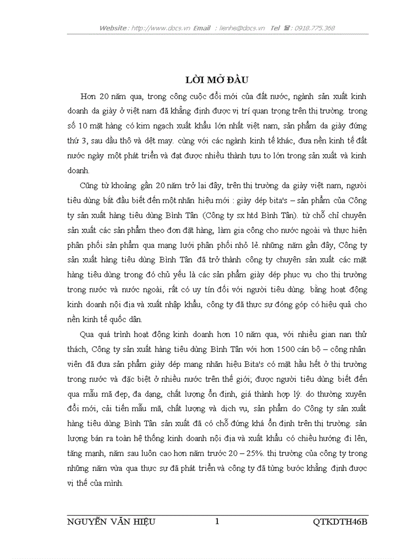 Một số giải pháp nhằm phát triển thị trường tiêu thụ sản phẩm giày dép của công ty TNHH sản xuất hàng tiêu dùng Bình Tân bita s