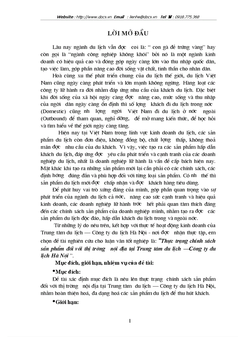 Thực trạng chính sách sản phẩm đối với thị trường nội địa tại Trung tâm du lịch Công ty du lịch Hà Nội