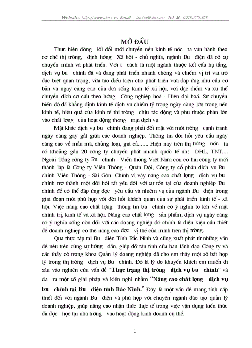 Thực trạng thị trường dịch vụ bưu chính và đưa ra một số giải pháp và kiến nghị nhằm Nâng cao chất lượng dịch vụ bưu chính tại Bưu điện tỉnh Bắc Nin