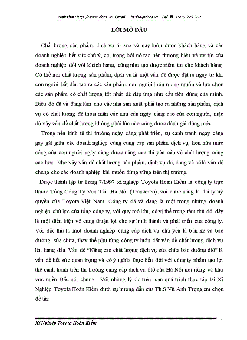 Một số biện pháp nhằm tăng cường chất lượng dịch vụ bảo dưỡng sửa chữa ôtô ở Xí Nghiệp Toyota Hoàn Kiếm