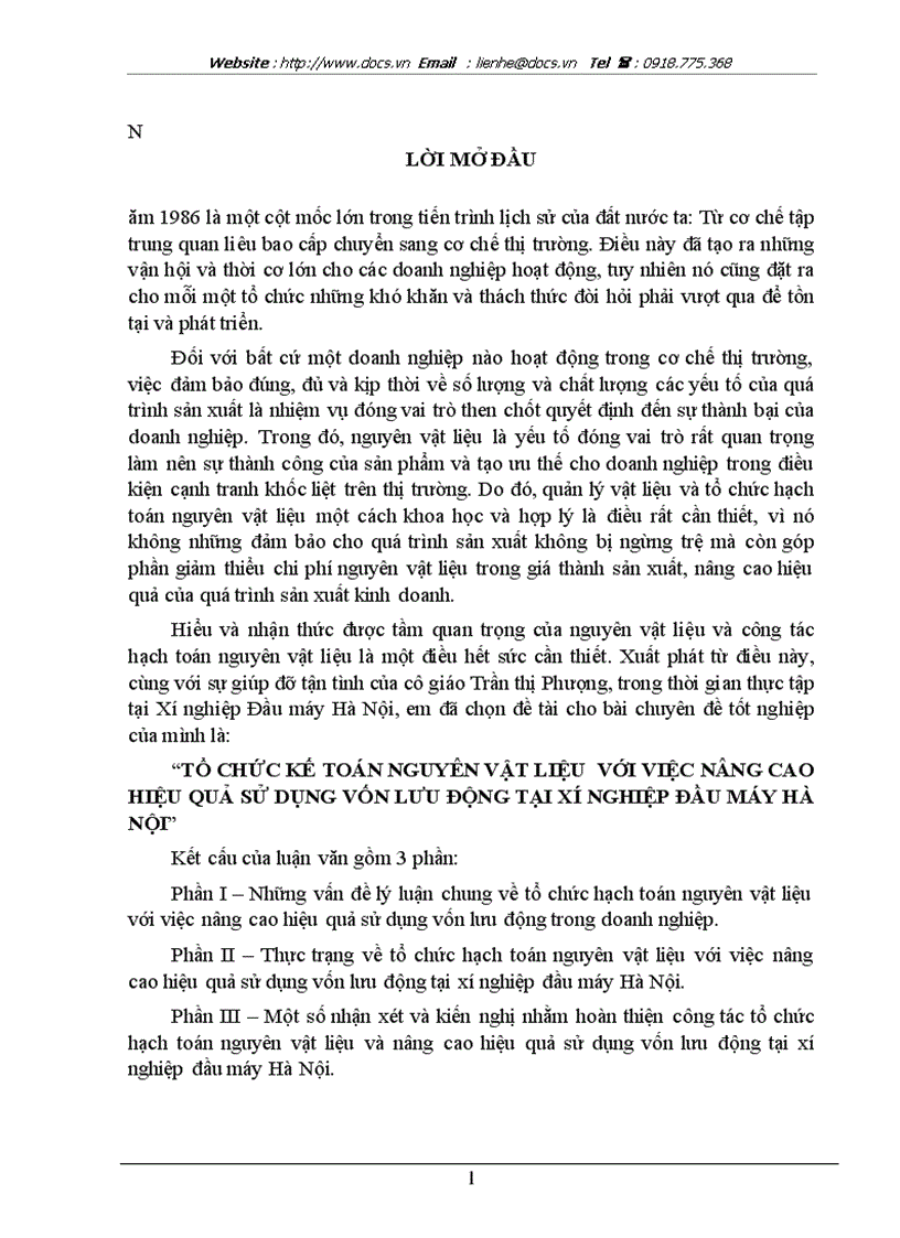 Tổ chức kế toán nguyên vật liệu với việc nâng cao hiệu quả sử dụng vốn lưu động tại xí nghiệp đầu máy hà nội