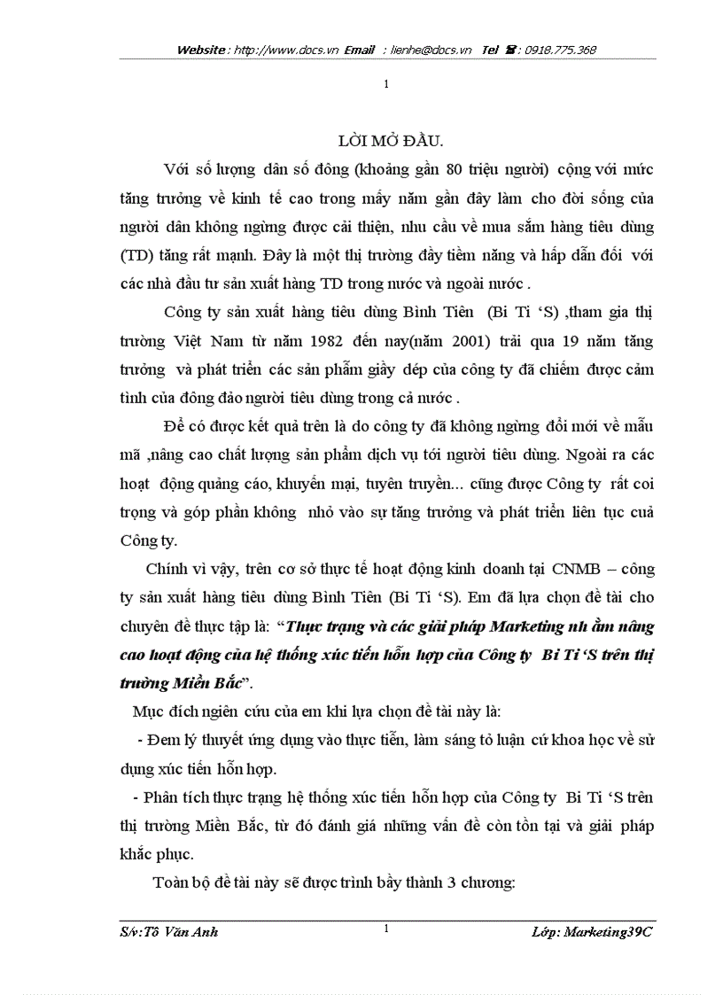 Thực trạng và các giải pháp Marketing nhằm nâng cao hoạt động của hệ thống xúc tiến hỗn hợp của Công ty Bi Ti S trên thị trường Miền Bắc