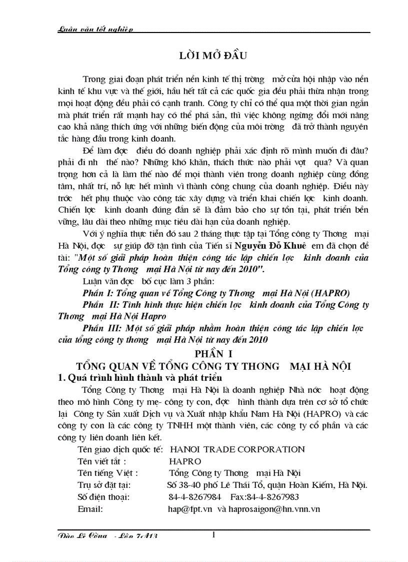 Một số giải pháp hoàn thiện công tác lập chiến lược kinh doanh của Tổng công ty Thương mại Hà Nội từ nay đến 2010