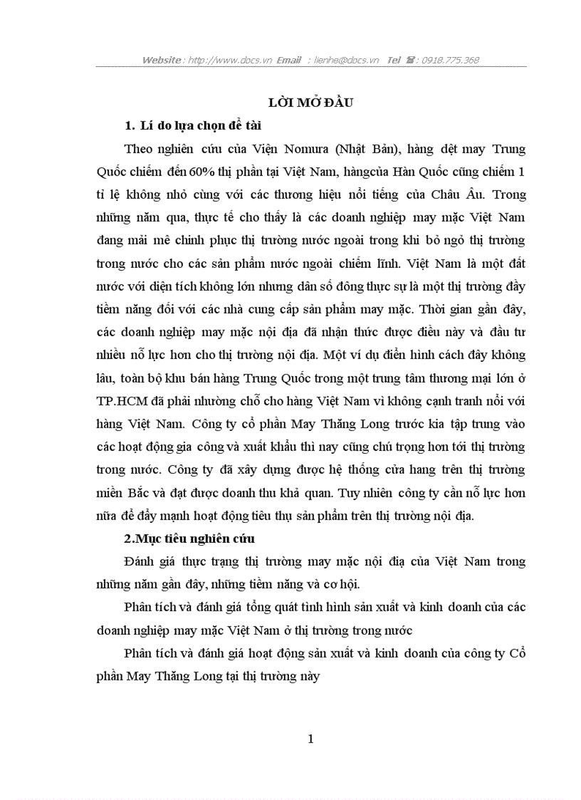 Thực trạng kinh doanh và bán hàng trên thị trường nội địa của Công ty may Thăng Long