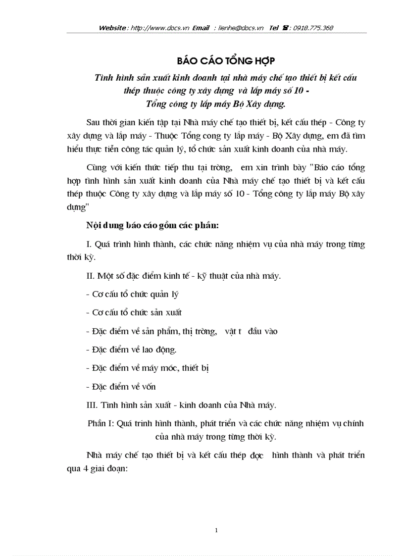 Tình hình sản xuất kinh doanh tại nhà máy chế tạo thiết bị kết cấu thép thuộc công ty xây dựng và lắp máy số 10 Tổng công ty lắp máy Bộ Xây dựng