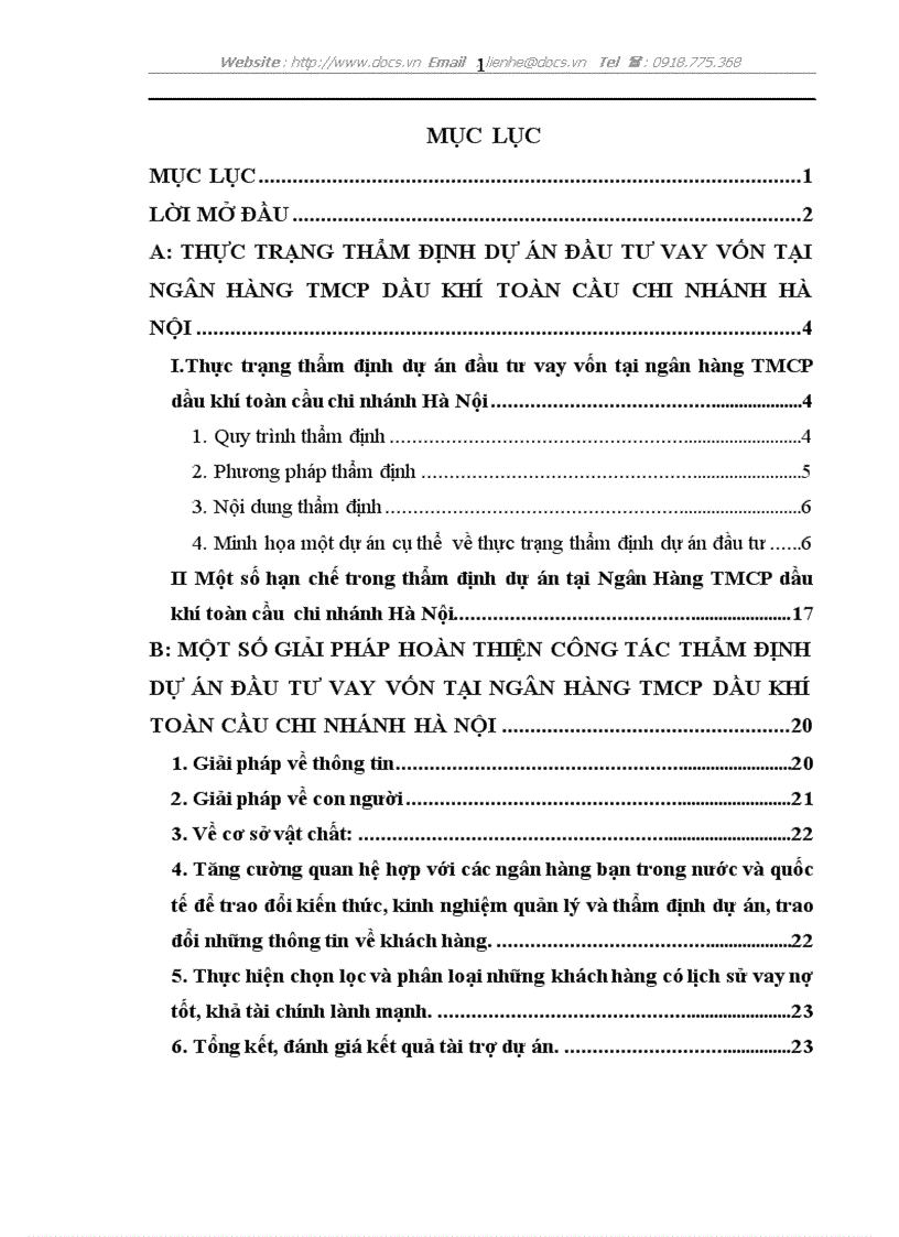 Tình hình thẩm định dự án đầu tư vay vốn tại ngân hàng TMCP dầu khí toàn cầu chi nhánh Hà Nội