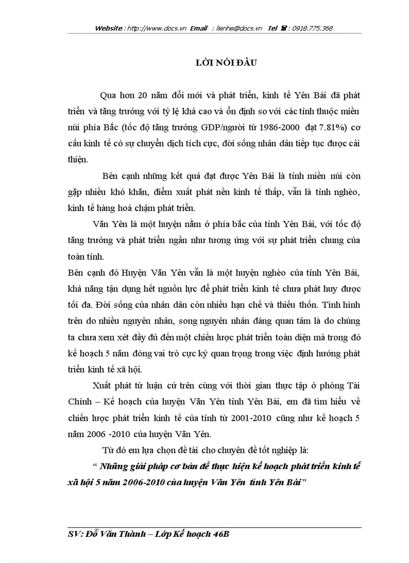 Những giải pháp cơ bản để thực hiện kế hoạch phát triển kinh tế xã hội 5 năm 2006 2010 của huyện Văn Yên tỉnh Yên Bái