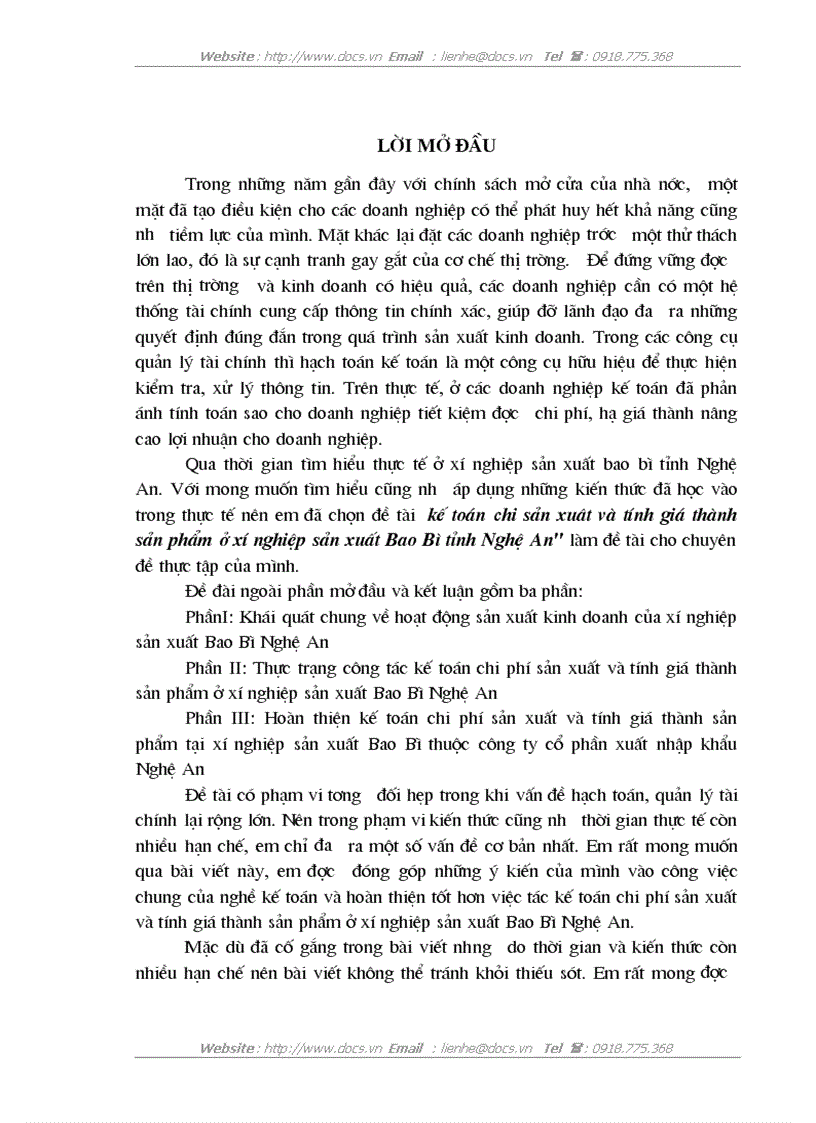 Kế toán chi sản xuât và tính giá thành sản phẩm ở xí nghiệp sản xuất Bao Bì tỉnh Nghệ An