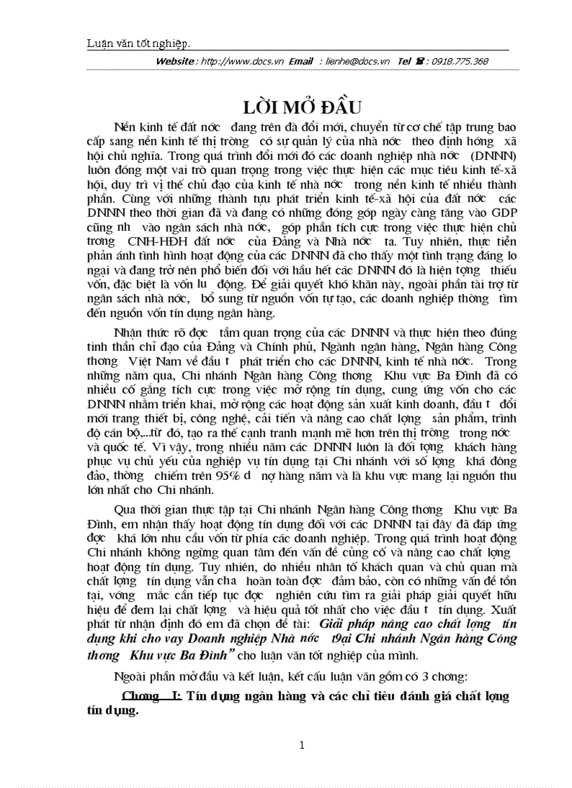 Giải pháp nâng cao chất lượng tín dụng khi cho vay Doanh nghiệp Nhà nước t9ại Chi nhánh Ngân hàng Công thương Khu vực Ba Đình