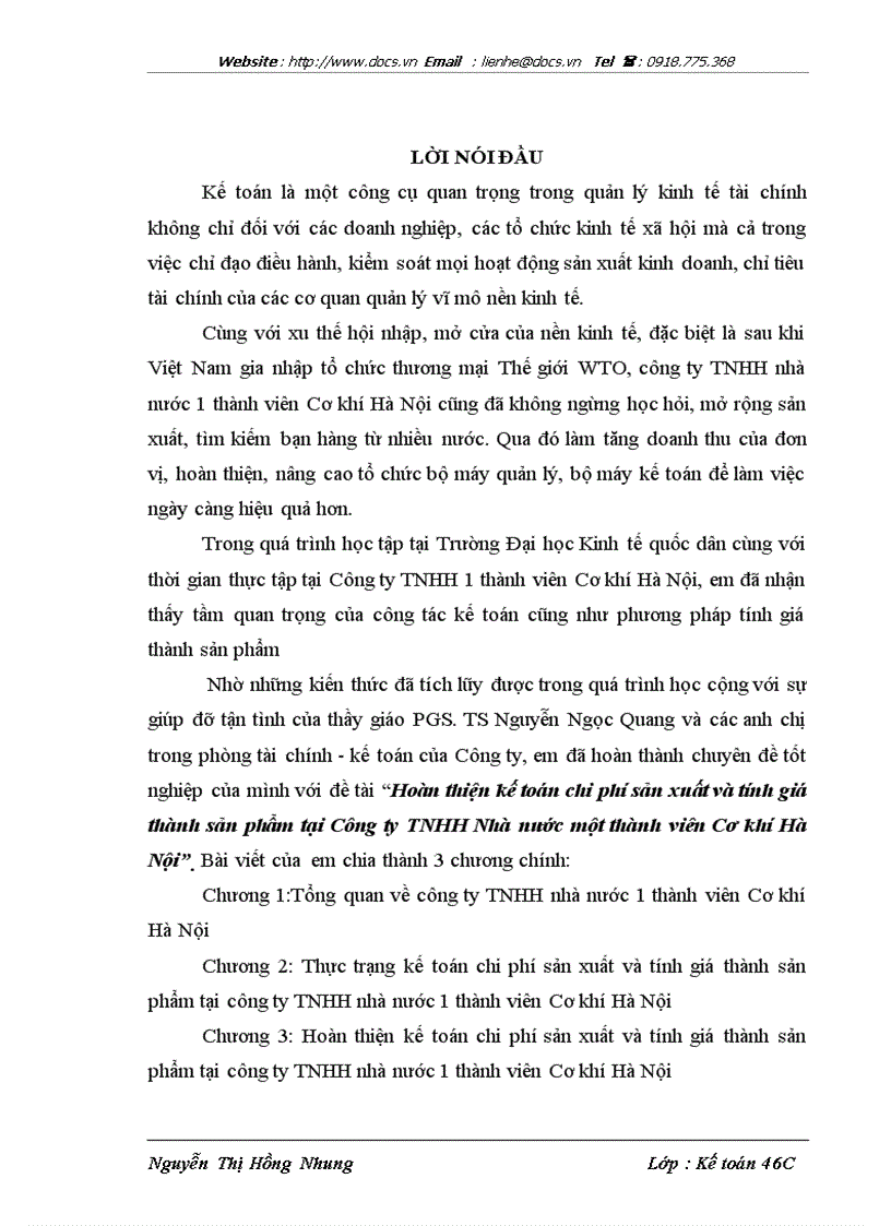 Hoàn thiện kế toán chi phí sản xuất và tính giá thành sản phẩm tại Công ty TNHH Nhà nước một thành viên Cơ khí Hà Nội