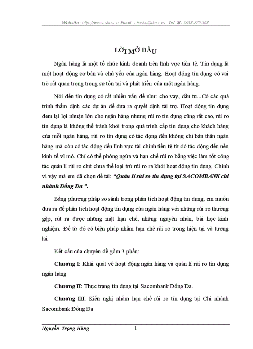 Quản lí rủi ro tín dụng tại SACOMBANK chi nhánh Đống Đa