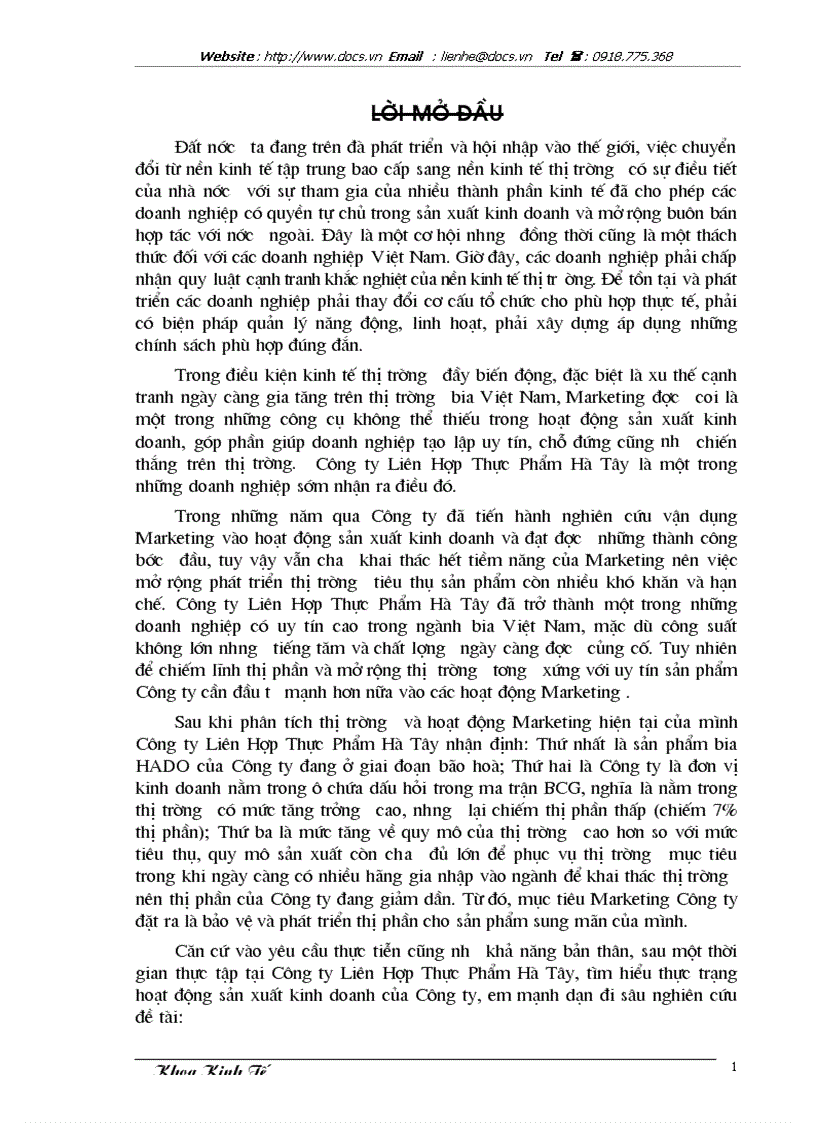 Một vài giải pháp nhằm đẩy mạnh việc ứng dụng Marketing vào hoạt động phát triển thị trường tiêu thụ sản phẩm HADO của Công ty Liên Hợp Thực Phẩm Hà