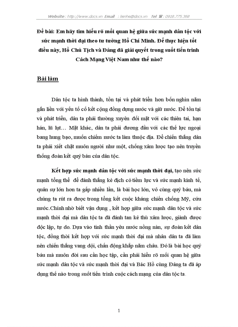 Mối quan hệ giữa sức mạnh dân tộc với sức mạnh thời đại theo tư tưởng Hồ Chí Minh Để thực hiện tốt điều này Hồ Chủ Tịch và Đảng đã giải quyết ntn