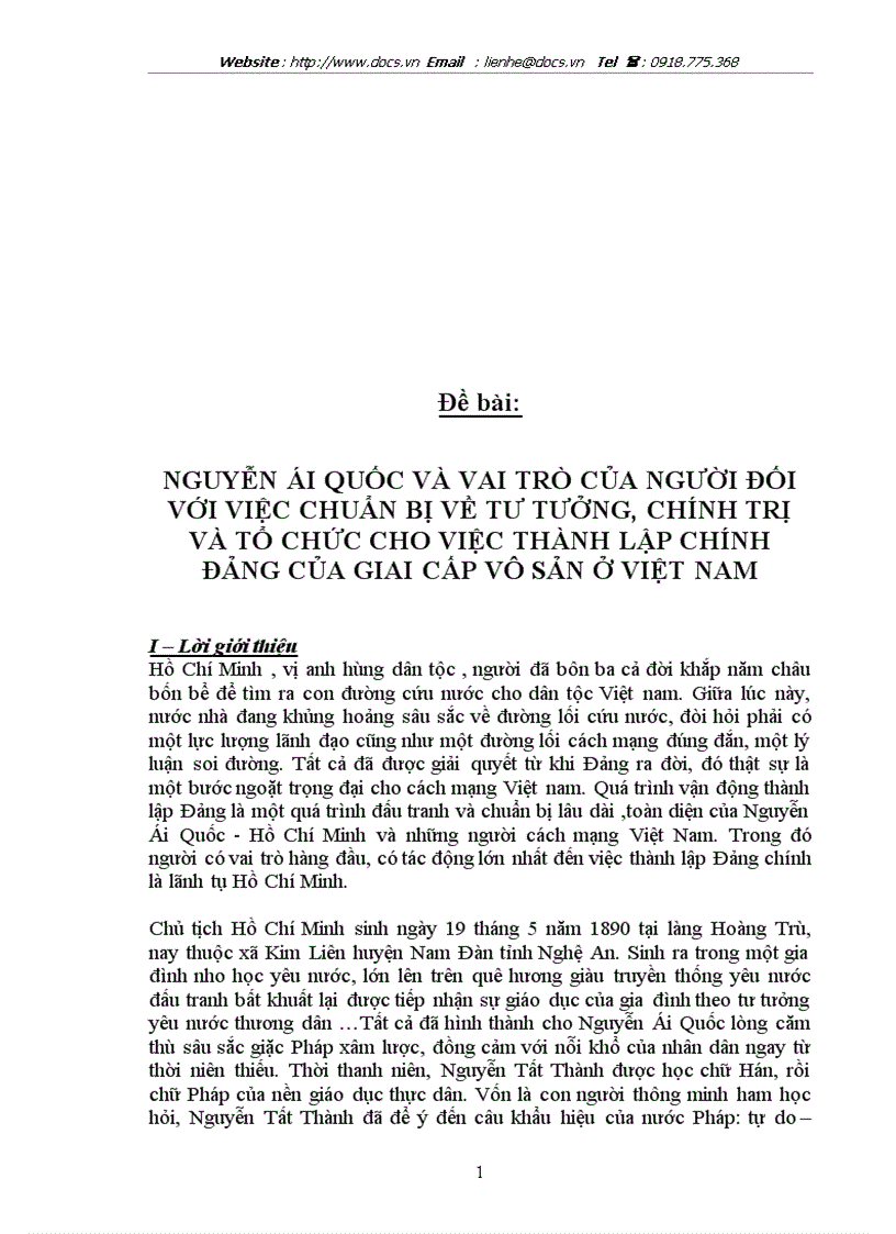 Nguyễn ái quốc và vai trò của người đối với việc chuẩn bị về tư tưởng chính trị và tổ chức cho việc thành lập chính đảng của giai cấp vô sản ở việt n