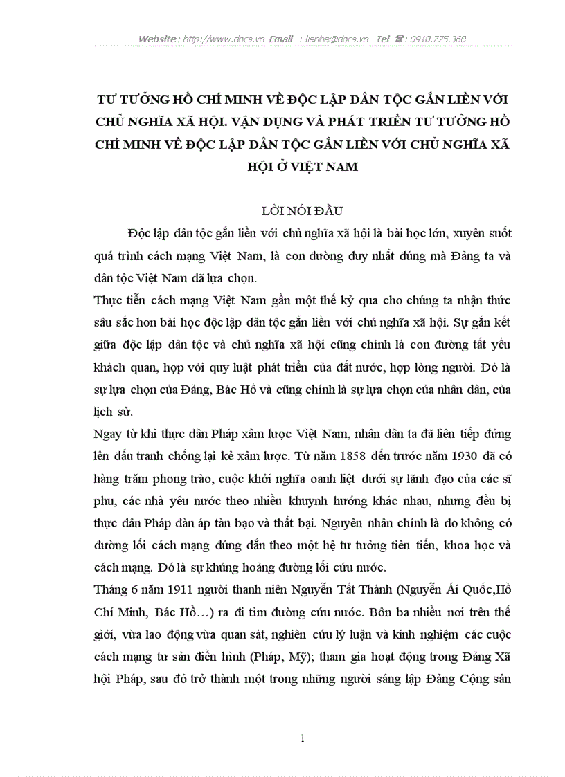 Tư tưởng hồ chí minh về độc lập dân tộc gắn liền với chủ nghĩa xã hội Vận dụng và phát triển tư tưởng hcm về độc lập dân tộc gắn liền với cnxh ở vn