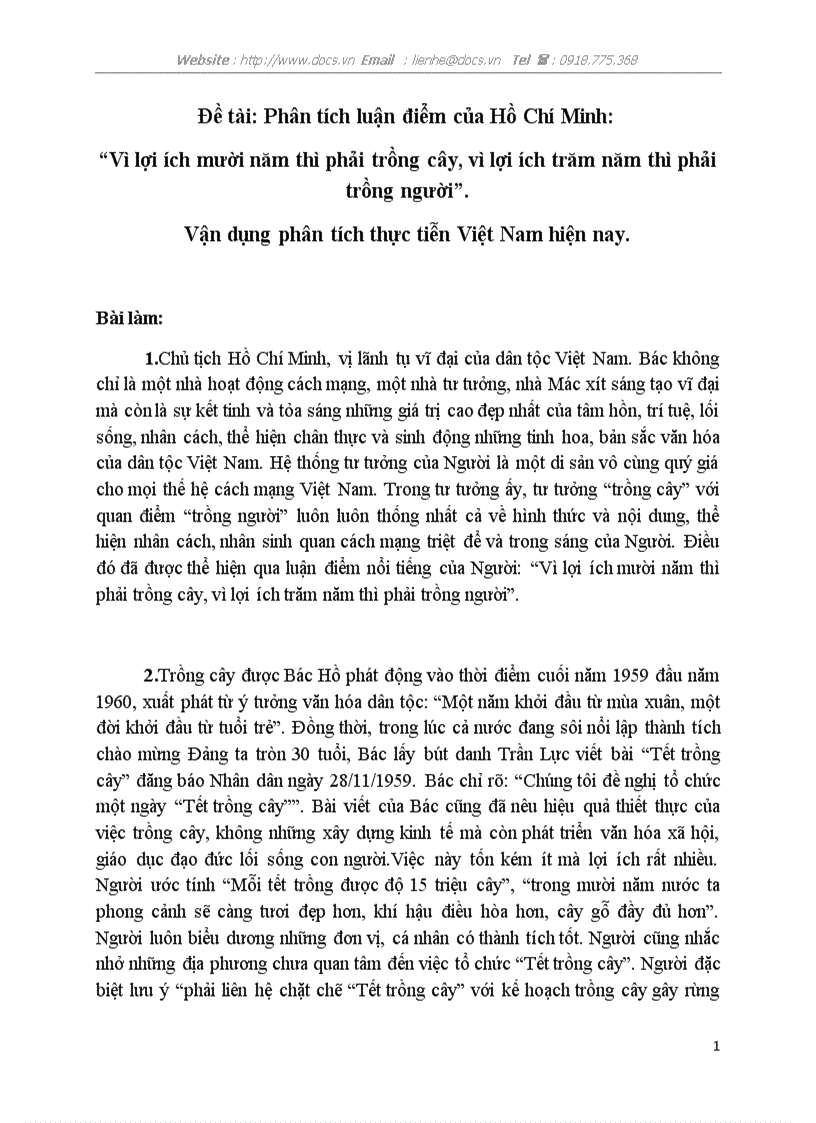 Phân tích luận điểm của Hồ Chí Minh Vì lợi ích mười năm thì phải trồng cây vì lợi ích trăm năm thì phải trồng người Vận dụng phân tích thực tiễn