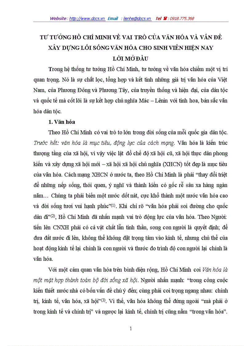 Tư tưởng hồ chí minh về vai trò của văn hóa và vấn đề xây dựng lối sống văn hóa cho sinh viên hiện nay