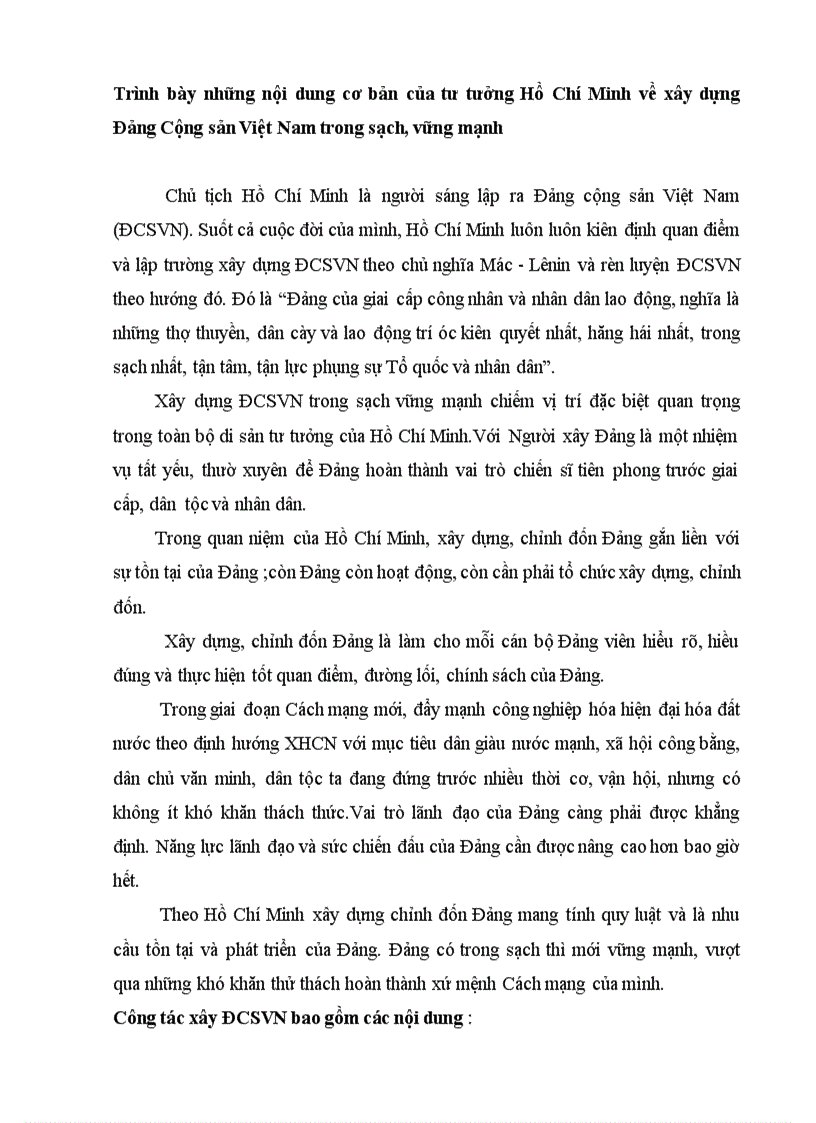 Trình bày những nội dung cơ bản của tư tưởng Hồ Chí Minh về xây dựng Đảng Cộng sản Việt Nam trong sạch vững mạnh