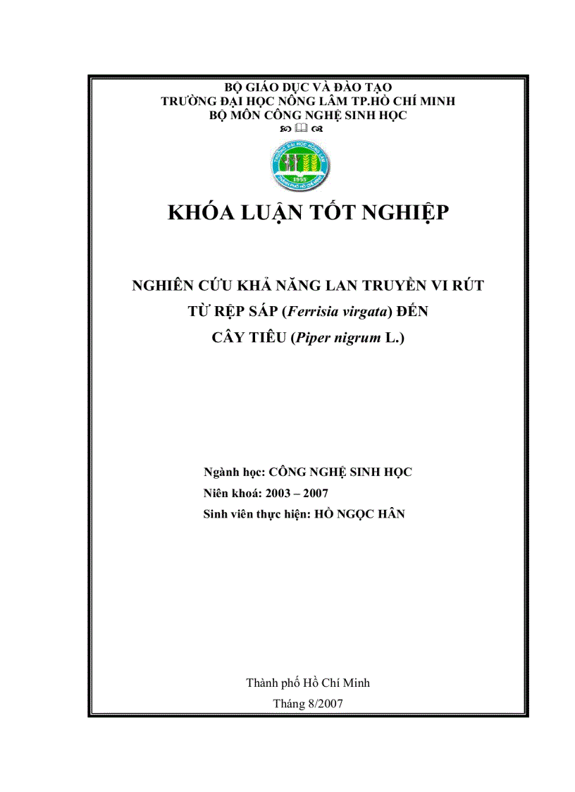 Nghiên cứu khả năng lan truyền vi rút từ rệp sáp Ferrisia virgata đến cây tiêu Piper nigium L