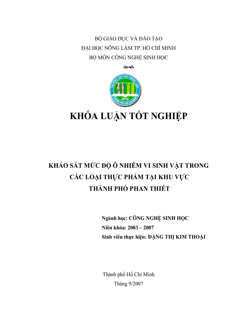 Khảo sát mức độ ô nhiễm vi sinh vật trong các loại thực phẩm tại khu vực thành phố Phan Thiết