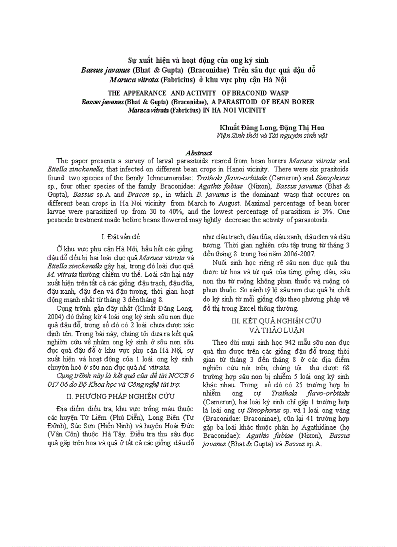 Sự xuất hiện và hoạt động của ong ký sinh Bassus javanus Bhat Gupta Braconidae Trên sâu đục quả đậu đỗ Maruca vitrata Fabricius ở khu vực phụ cận Hà Nội