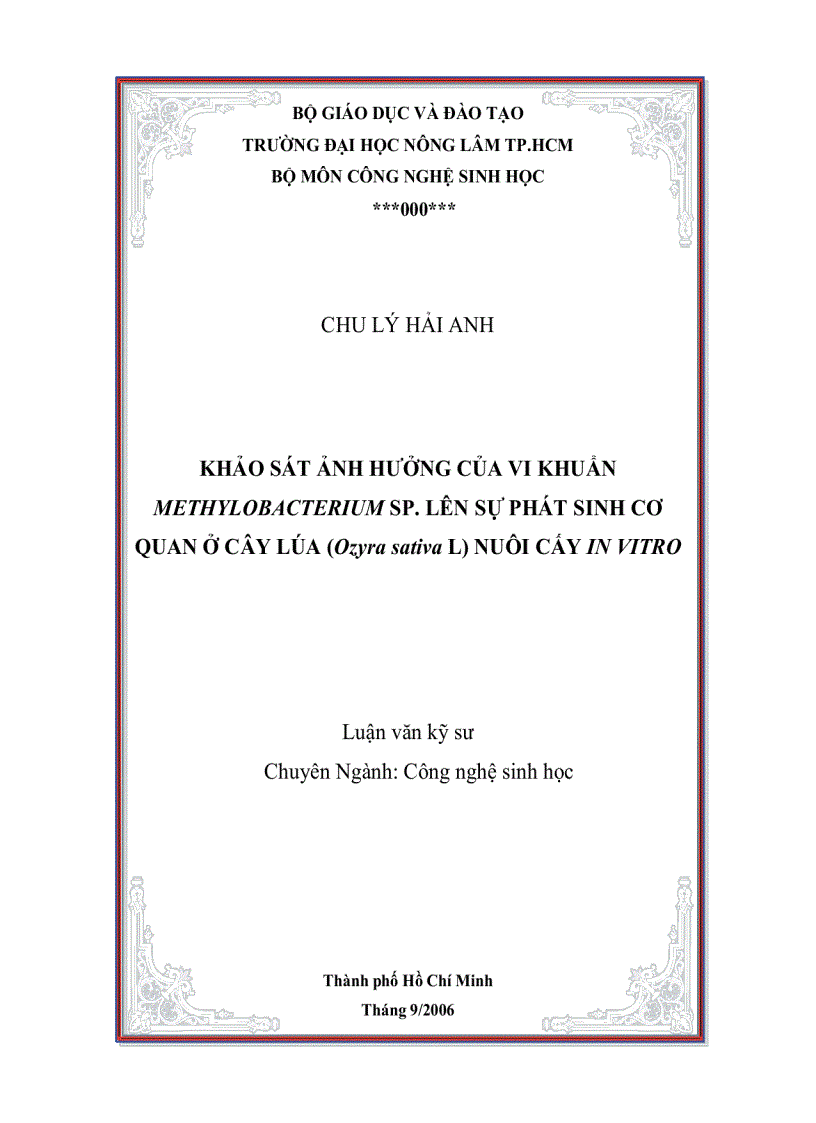 KHẢO SÁT ẢNH HƯỞNG CỦA VI KHUẨN METHYLOBACTERIUMSP LÊN SỰ PHÁT SINH CƠ QUAN CÂY LÚA Oryza sativa L NUÔI CẤY IN