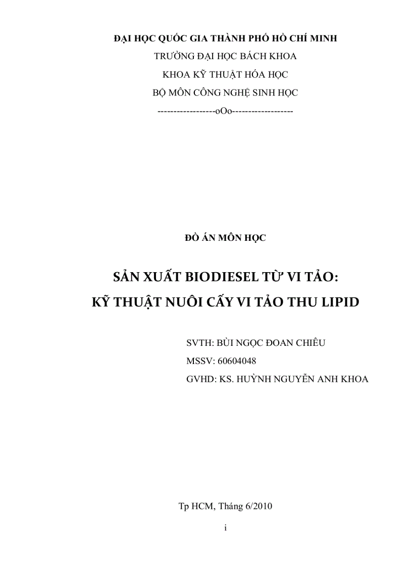 Sản xuất biodiesel từ vi tảo Kỹ thuật nuôi cấy vi tảo thu lipid