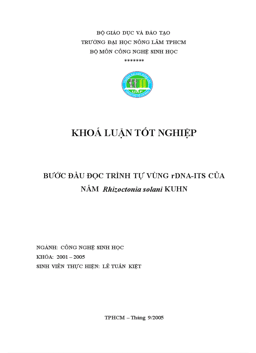 Bước đầu đọc trình tự vùng rDNA ITS của nấm Rhizoctonia solani KUHN