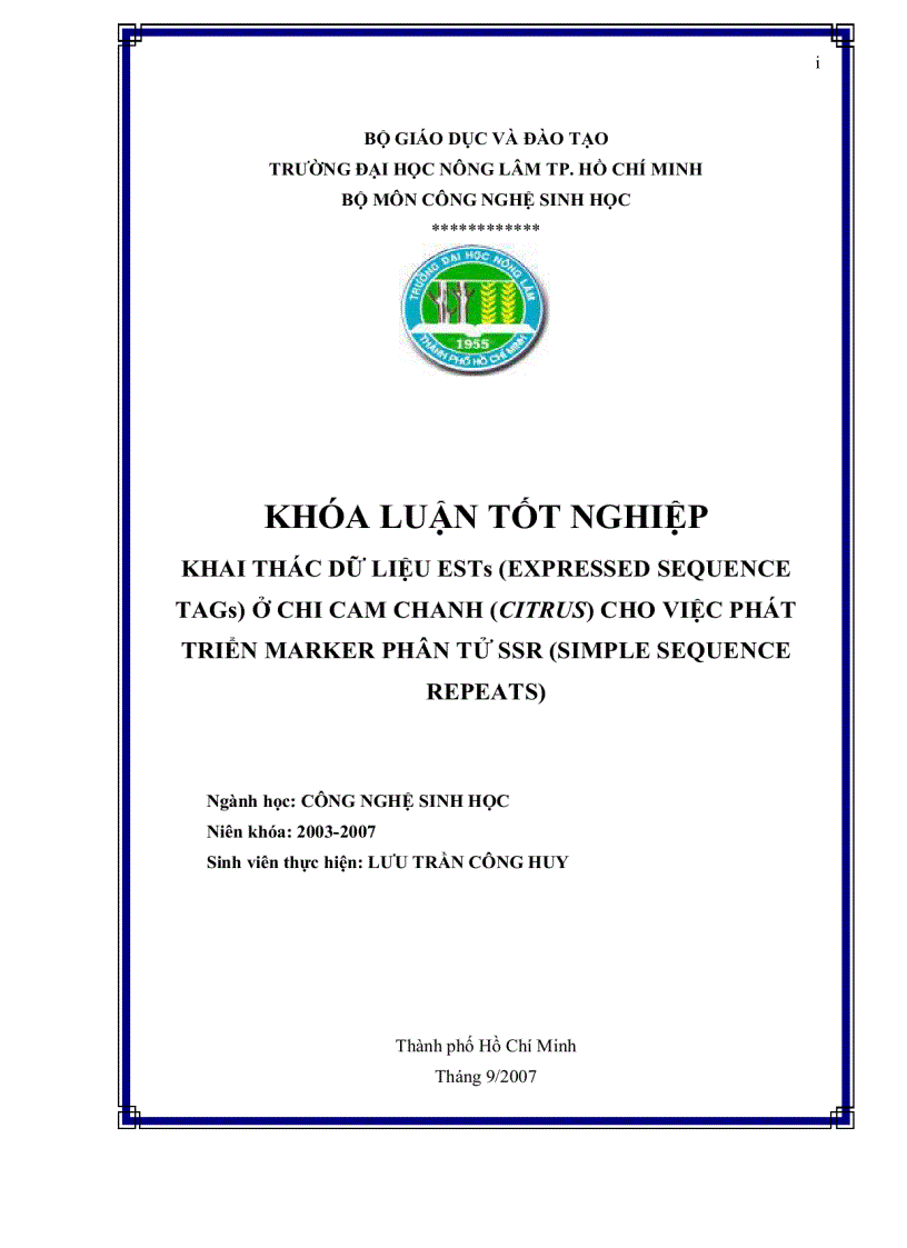 Khai thác dữ liệu ests expressed sequence tags ở chi cam chanh citrus cho việc phát triển marker phân tử ssr simple sequence repeats