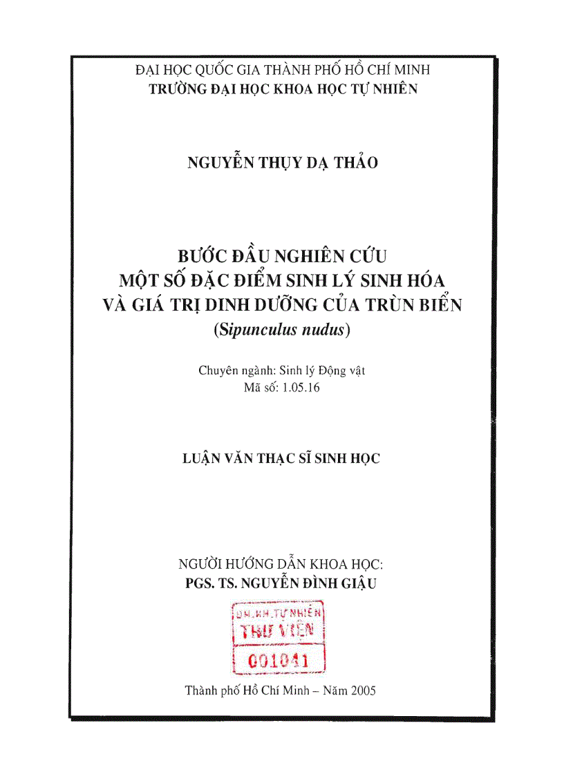 Bước đầu nghiên cứu một số đặc điểm sinh lý sinh hóa và giá trị dinh dưỡng của trùn biển sipunculus nudus