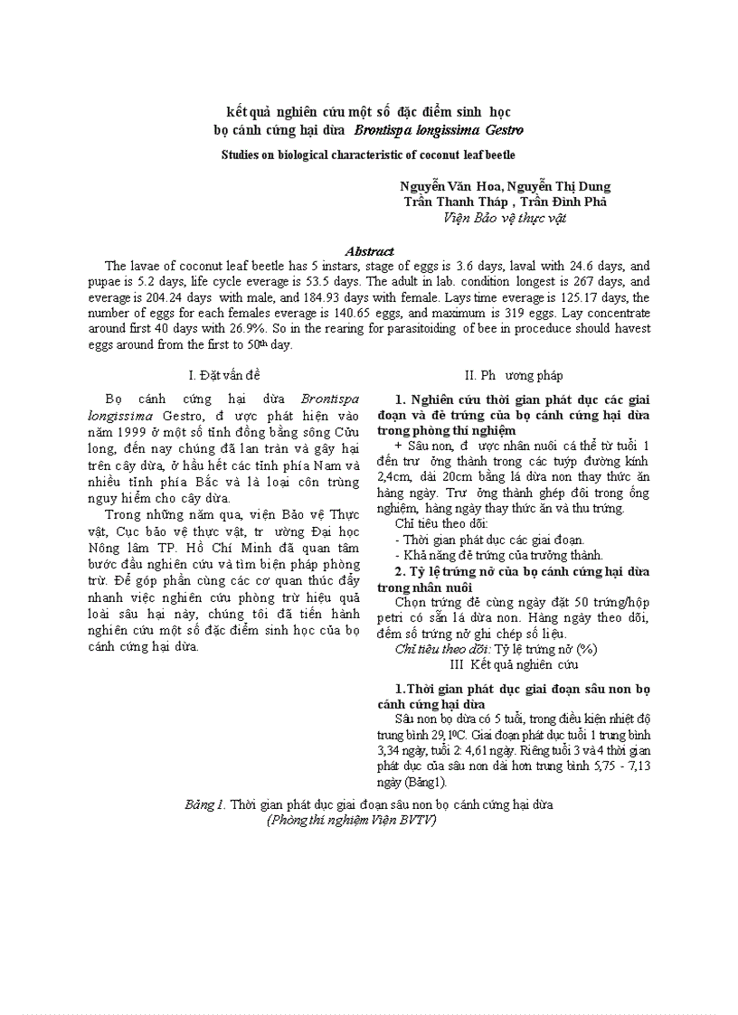 Kết quả nghiên cứu một số đặc điểm sinh học bọ cánh cứng hại dừa Brontispa longissima Gestro
